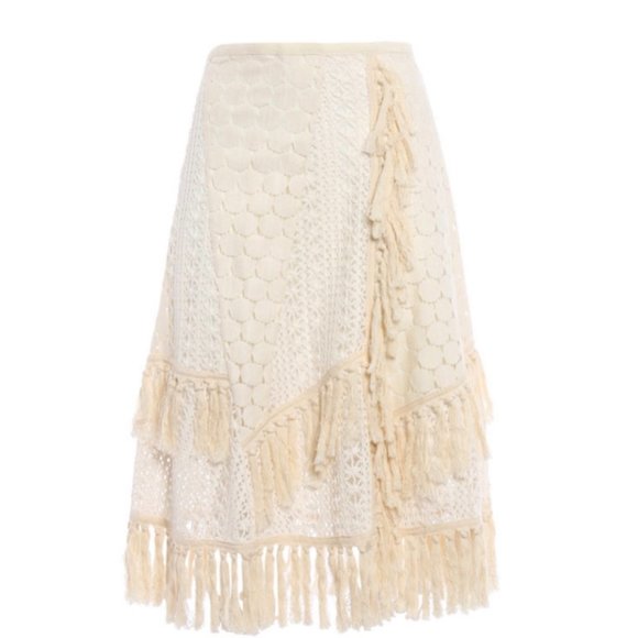 SEE BY CHLOE Boho Fringed Crochet Beige Skirt - Picture 1 of 5